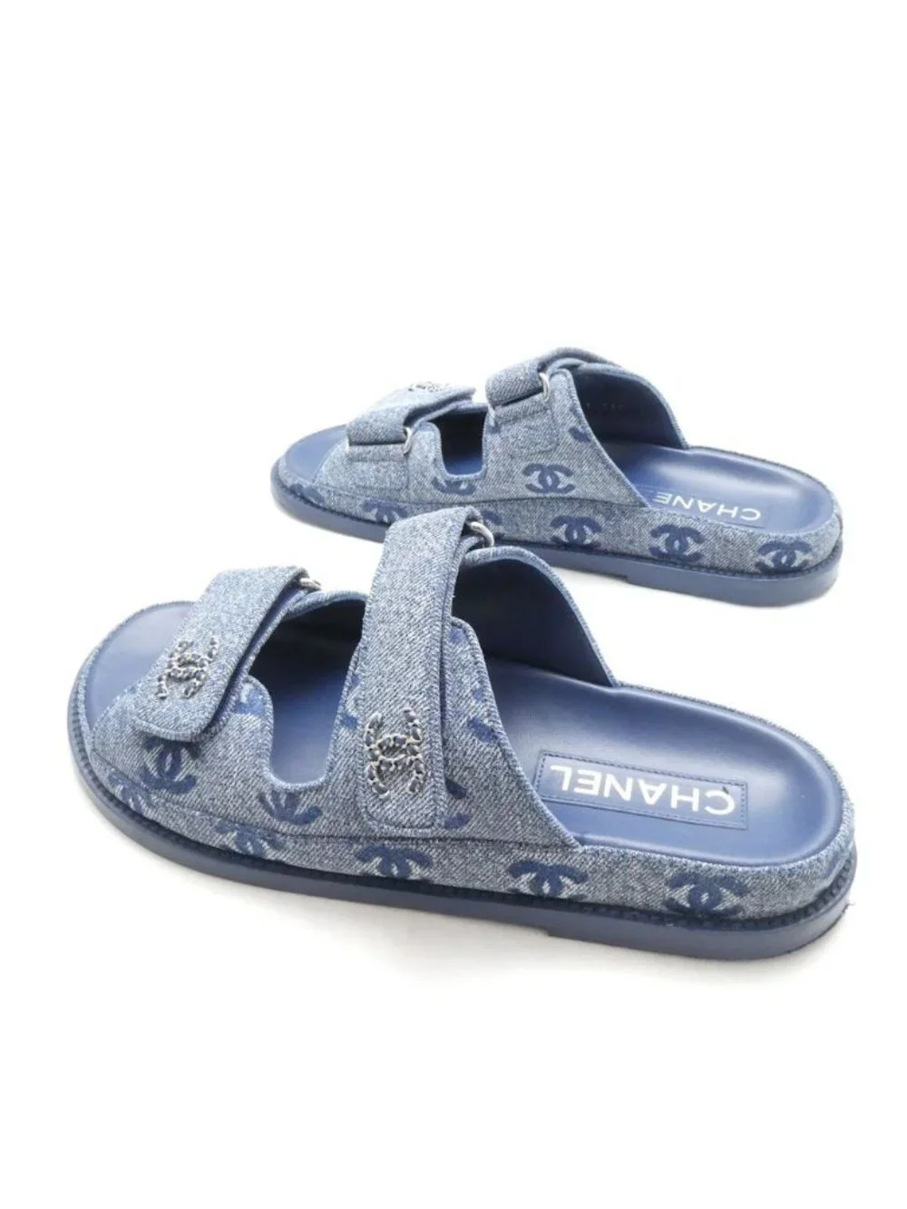 Chanel Velcro Sandals 38C Denim CC Logo Hooded